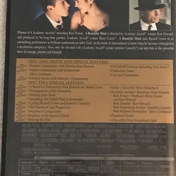 “A Beautiful Mind” Two Disc Academy Award Edition Widescreen DVDs - Pre-owned - Picture 2 of 7